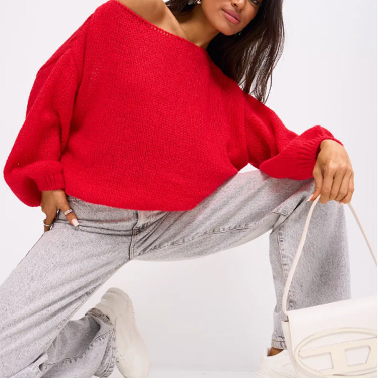 Women's Fluffy Off-Shoulder Sweater with Dropped Shoulders