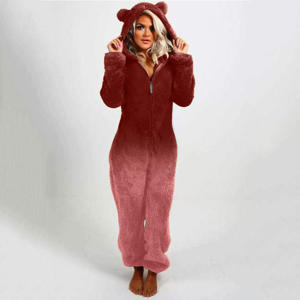 Women's Hooded Fleece Jumpsuit with Gradient Design
