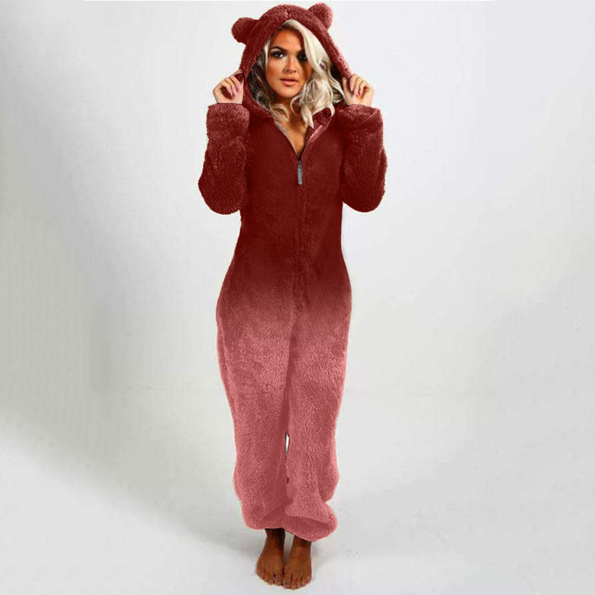 Women's Hooded Fleece Jumpsuit with Gradient Design