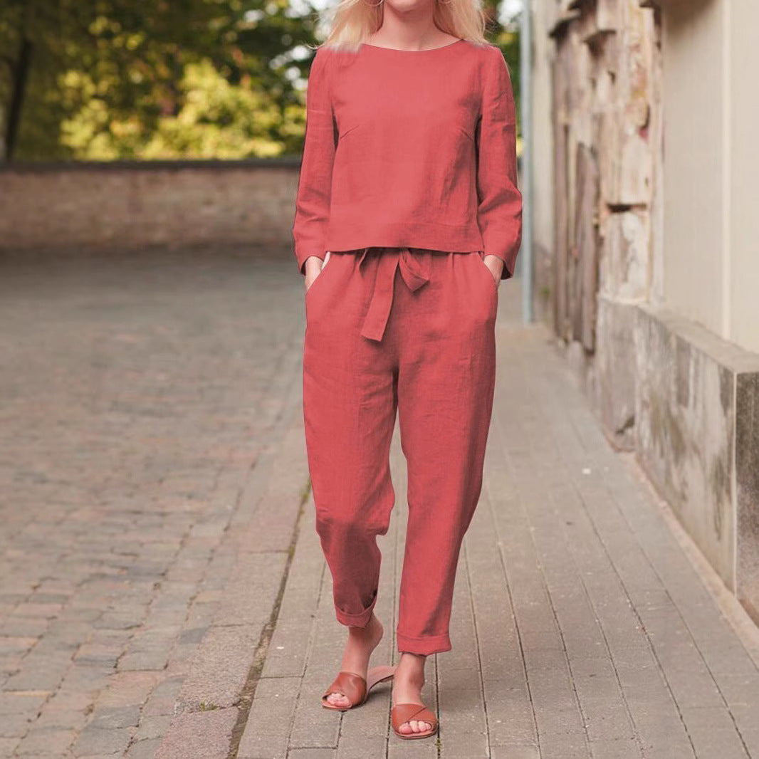 Women's Linen Set with Cropped Top and Elastic Waist