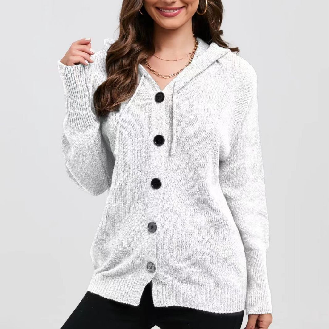 Women's Fashionable Knit Coat with Hood and Decorative Button Details