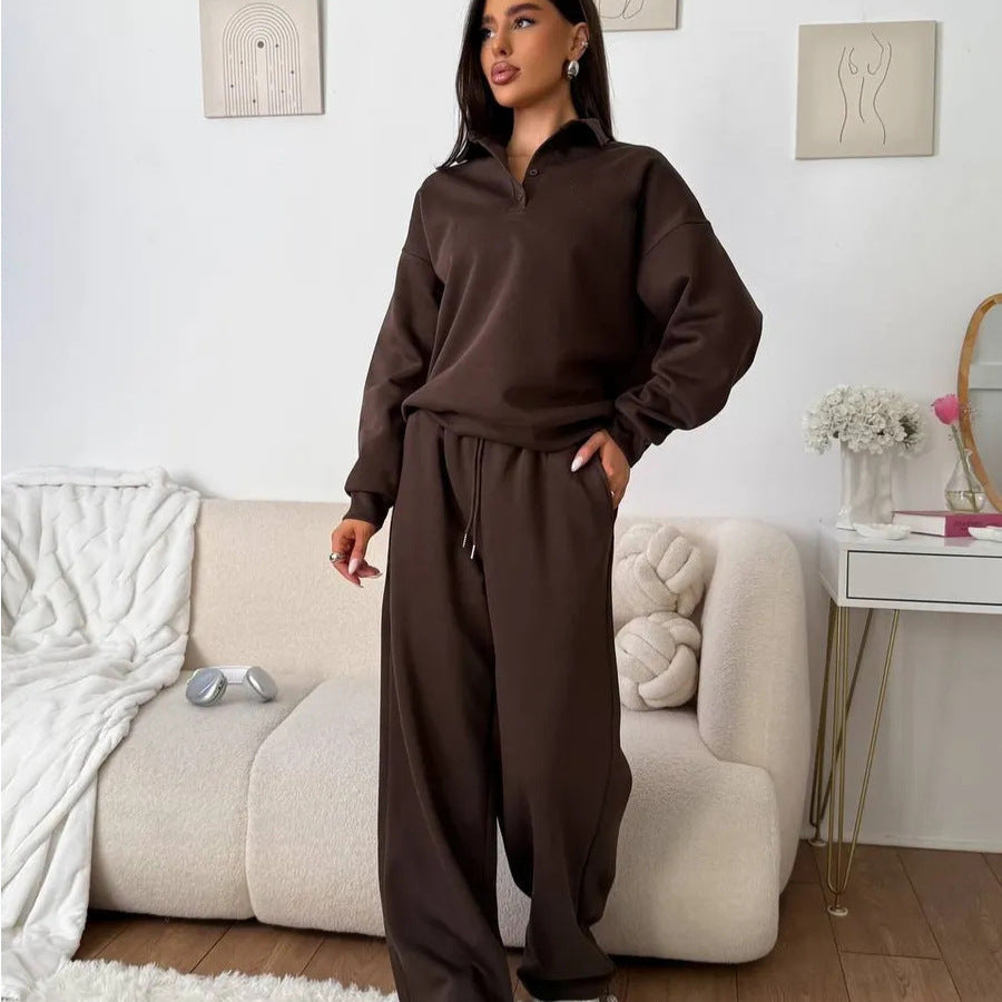Women's wide Polo lounge set with elastic drawstring waistband and wide-leg jogging pants