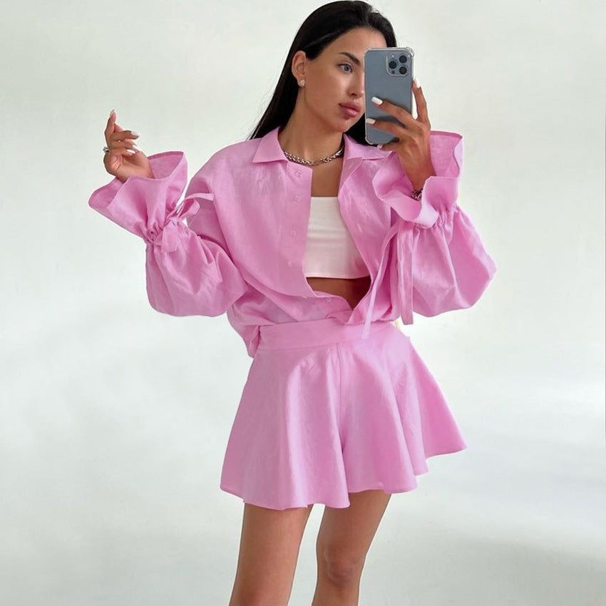 Women's Fashionable Leisure Outfit with Balloon Sleeves and Wrap Skirt