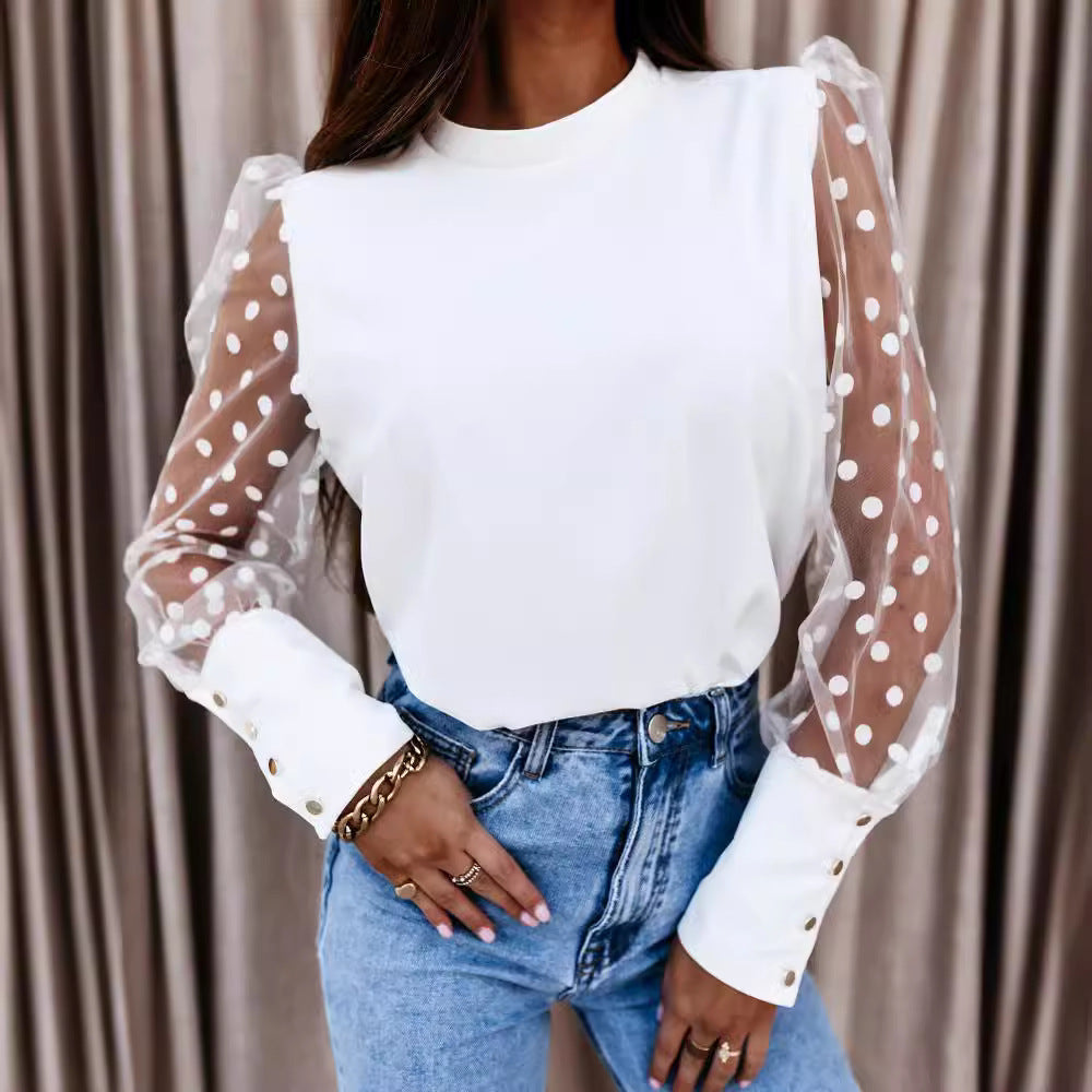 Women's Blouse with Sheer Puff Sleeves and Polka Dot Pattern