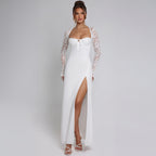 Women's Elegant Maxi Dress with Transparent Lace Surface and Side Slit