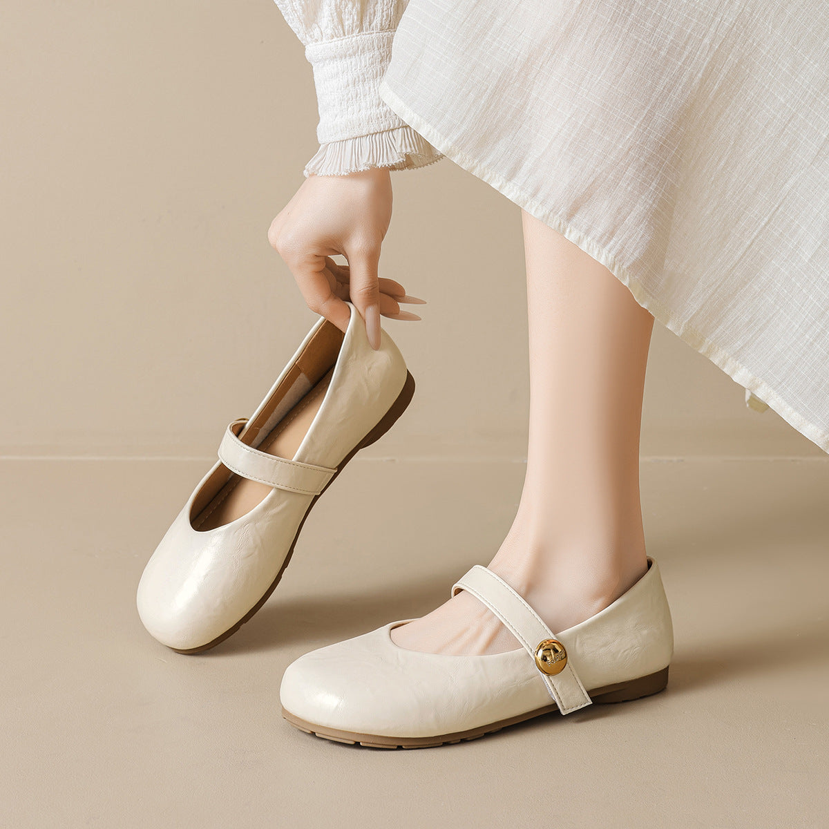 Women's Ballet Flats with Elegant Strap and Fashionable Button Detail