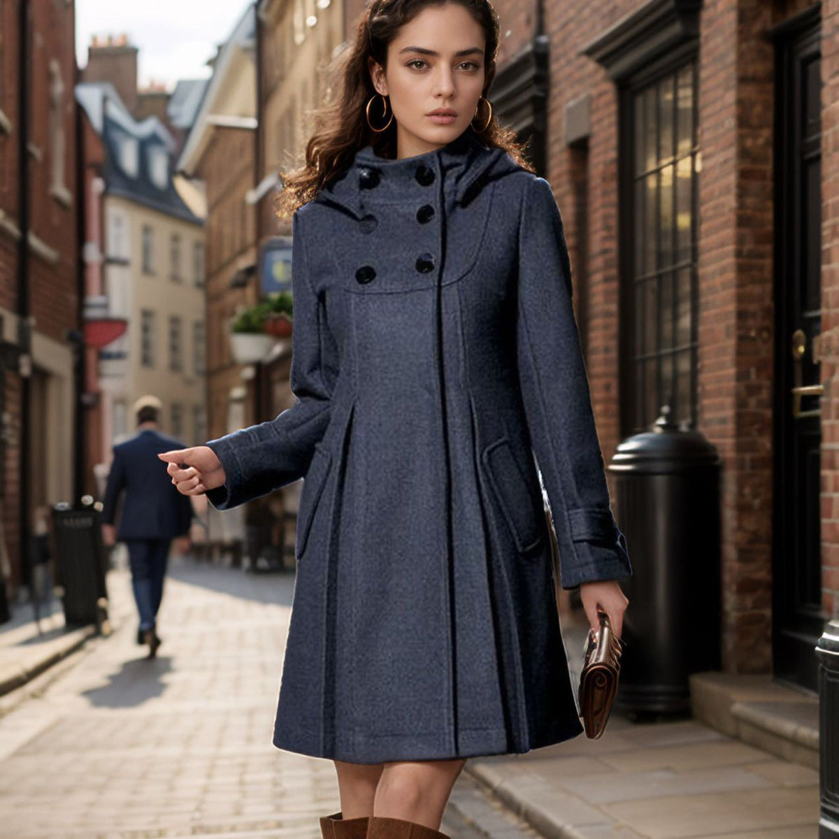 Women's Elegant Coat with High Collar and Functional Pockets