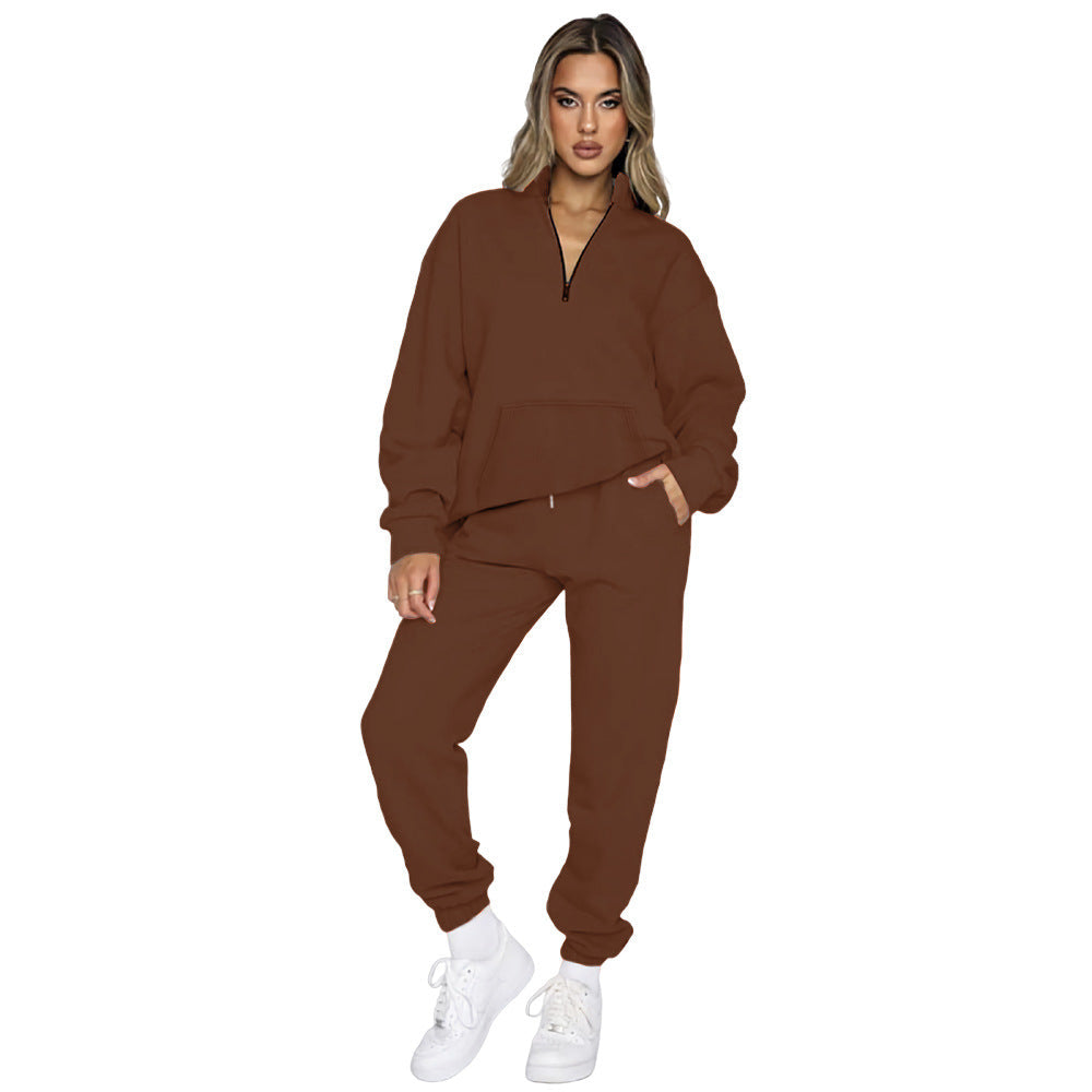 Women's Comfortable Leisure Outfit with High Collar and Kangaroo Pocket