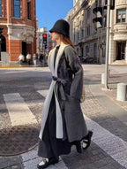 Women's Elegant Long Coat with Belt and Contrasting Sleeves