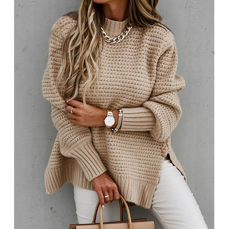 Women's Chunky Knit Sweater with Modern Structure Design and High Collar