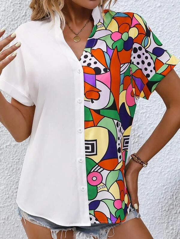 Women's Button-Up Blouse with Artistic Asymmetric Design