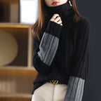 Women's Chunky Knit Turtleneck Sweater with Striped Pattern