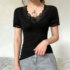 Women's Elegant Lace V-Neck Short-Sleeve T-Shirt