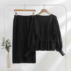Elegant Knit Ensemble with Ruching and Balloon Sleeves