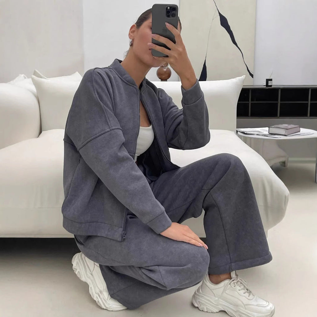 Women's Casual Zip Lounge Set with Stand Collar and Wide High-Waist Joggers