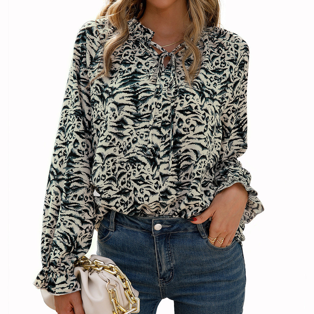 Women's Blouse with Unique Animal Print and Ruffle Details