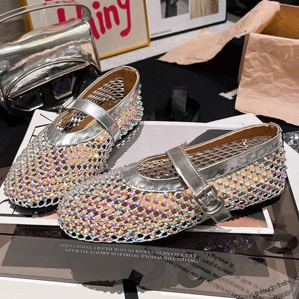Women's Ballet Flats with Rhinestone Trim and Adjustable Strap