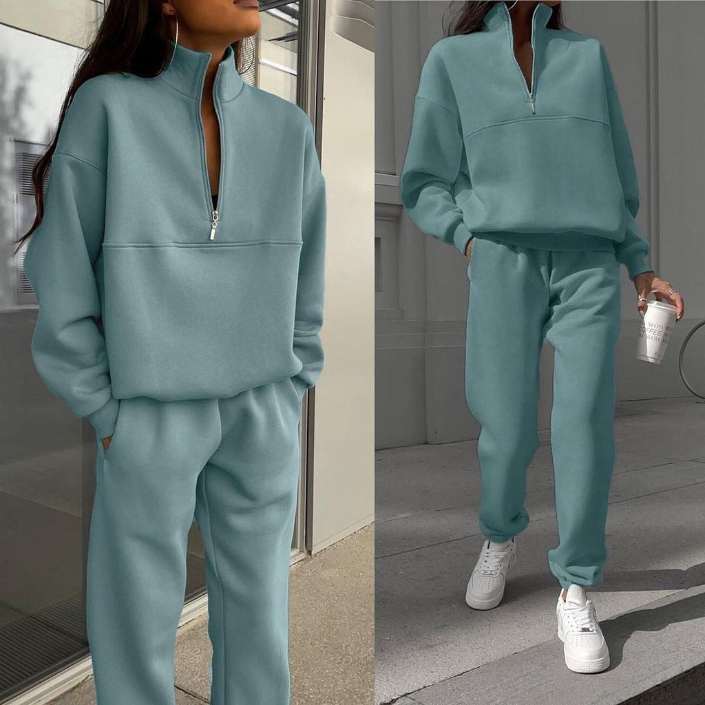 Women's Casual Tracksuit with High Collar and Half-Zip