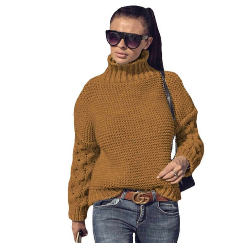 Women's Chunky Knit Sweater with High Collar and Textured Sleeves