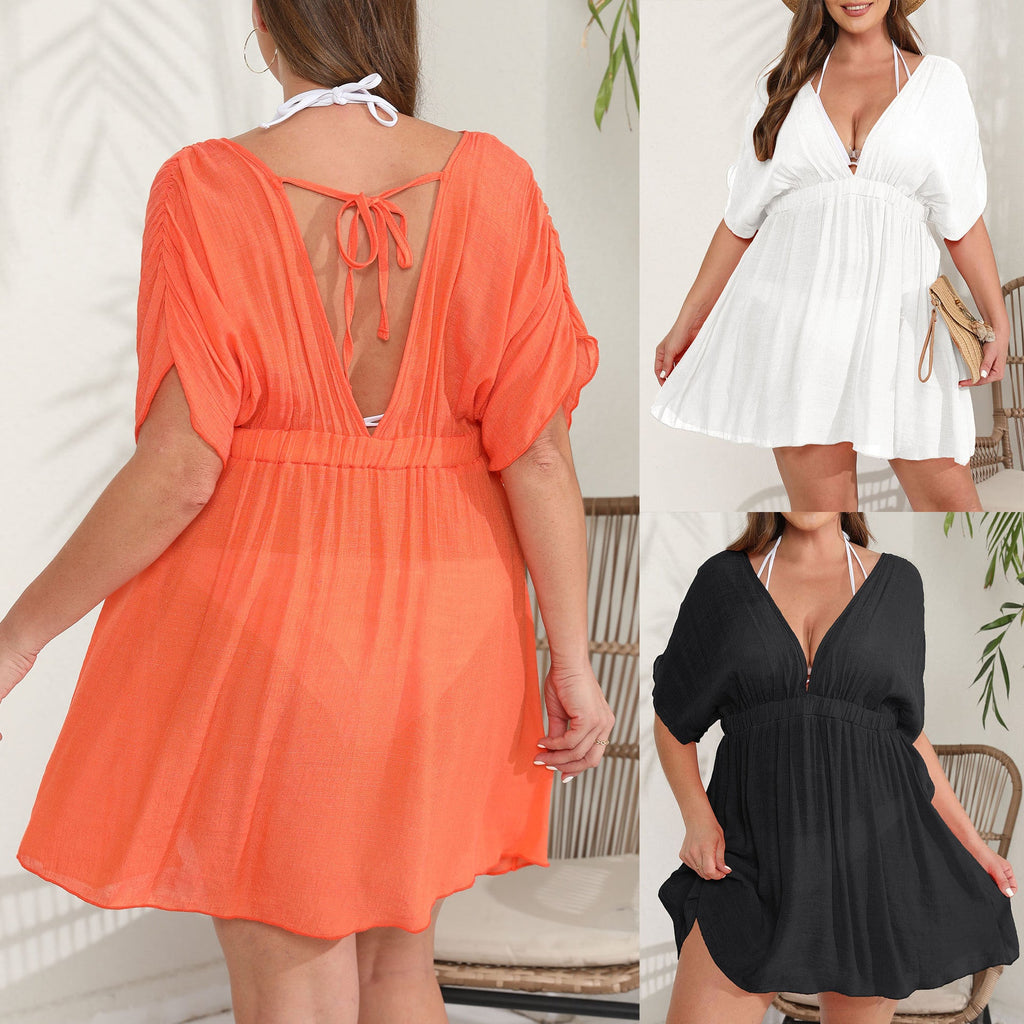 Women's Elegant Beach Kaftan with Deep V-Neck and Wide Sleeves