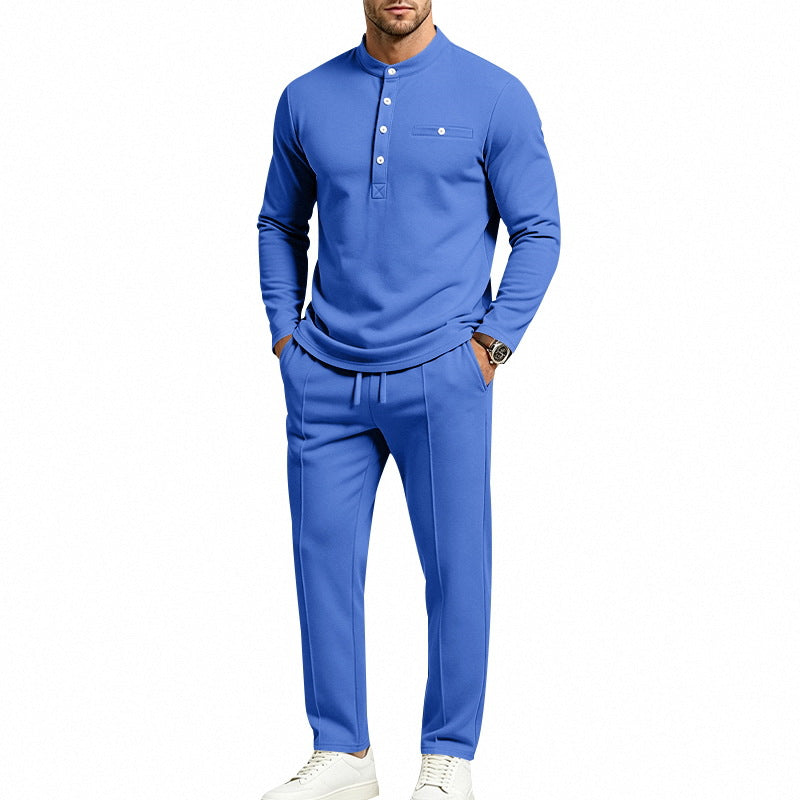 Men's Two-Piece Leisure Set with Henley Long Sleeve Shirt and Jogging Pants