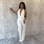 Elegant Deep-V Jumpsuit with Curved Back and Wide Legs