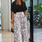 Women's Airy Cropped Top with Elegant Round Neckline and Matching Wide-Leg Trousers