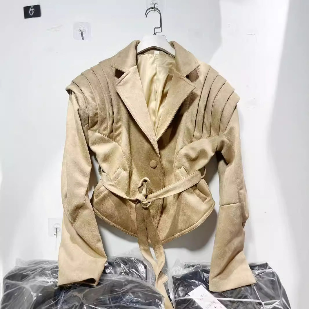 Women's Elegant Faux Leather Jacket with Ruffle Details