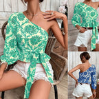 Women's Asymmetrical Top with Voluminous Sleeve and Waist Belt