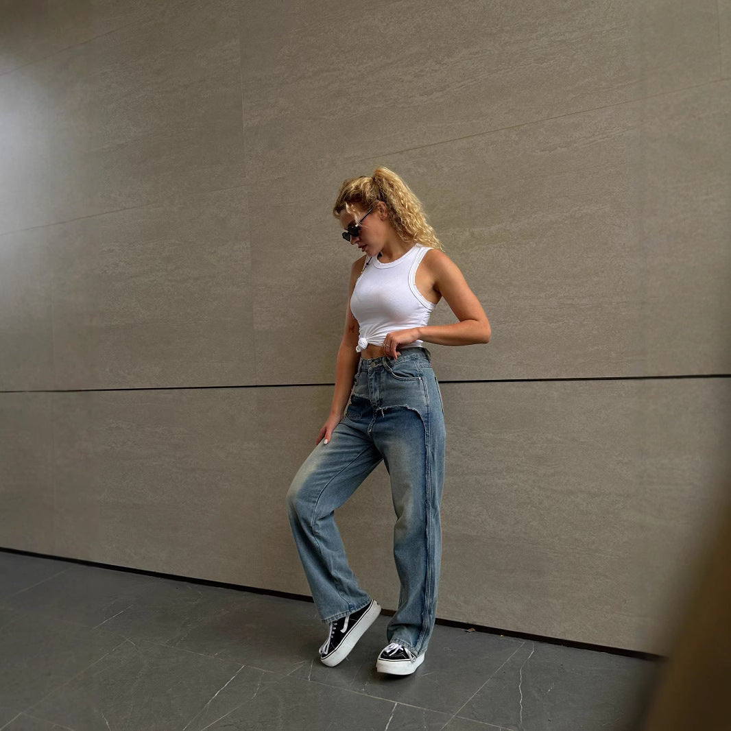 Women's High-Waist Patchwork Denim Jeans