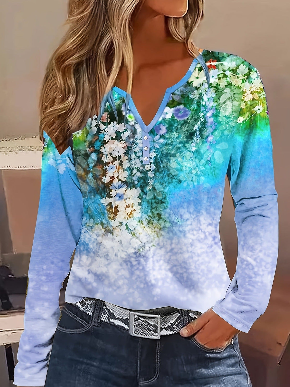 Women's Floral Long-Sleeve Button-Down Shirt