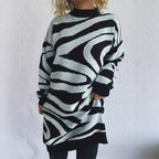 Women's Chunky Knit Sweater with Modern Zebra Design and High Collar
