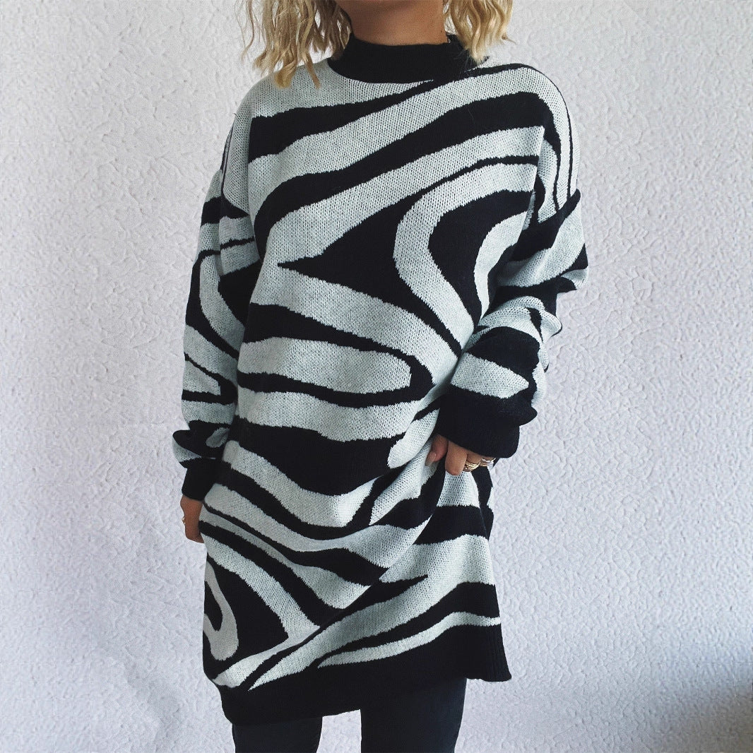 Women's Chunky Knit Sweater with Modern Zebra Design and High Collar