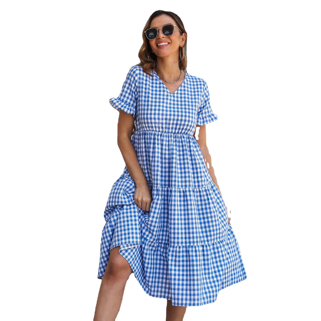 Women's Flowy V-Neck Jumpsuit with Ruffles and Plaid Pattern