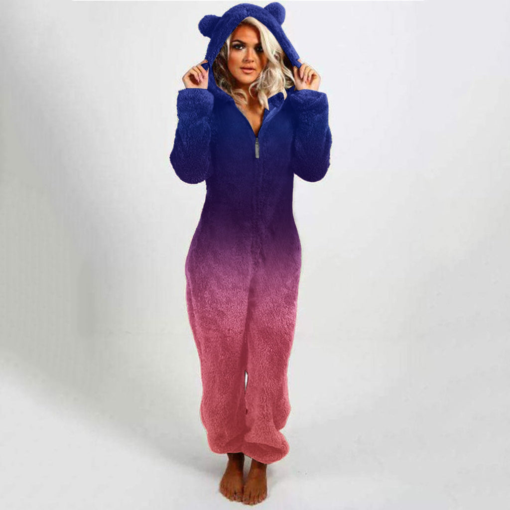 Women's Hooded Fleece Jumpsuit with Gradient Design