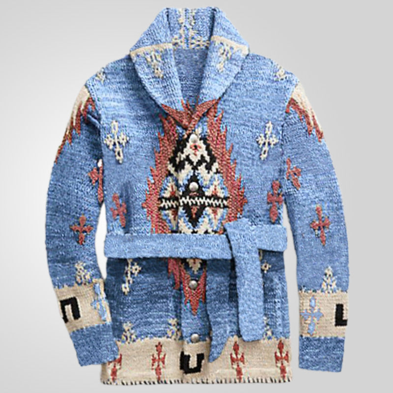 Women's Cozy Knit Coat with Decorative Pattern and Belt