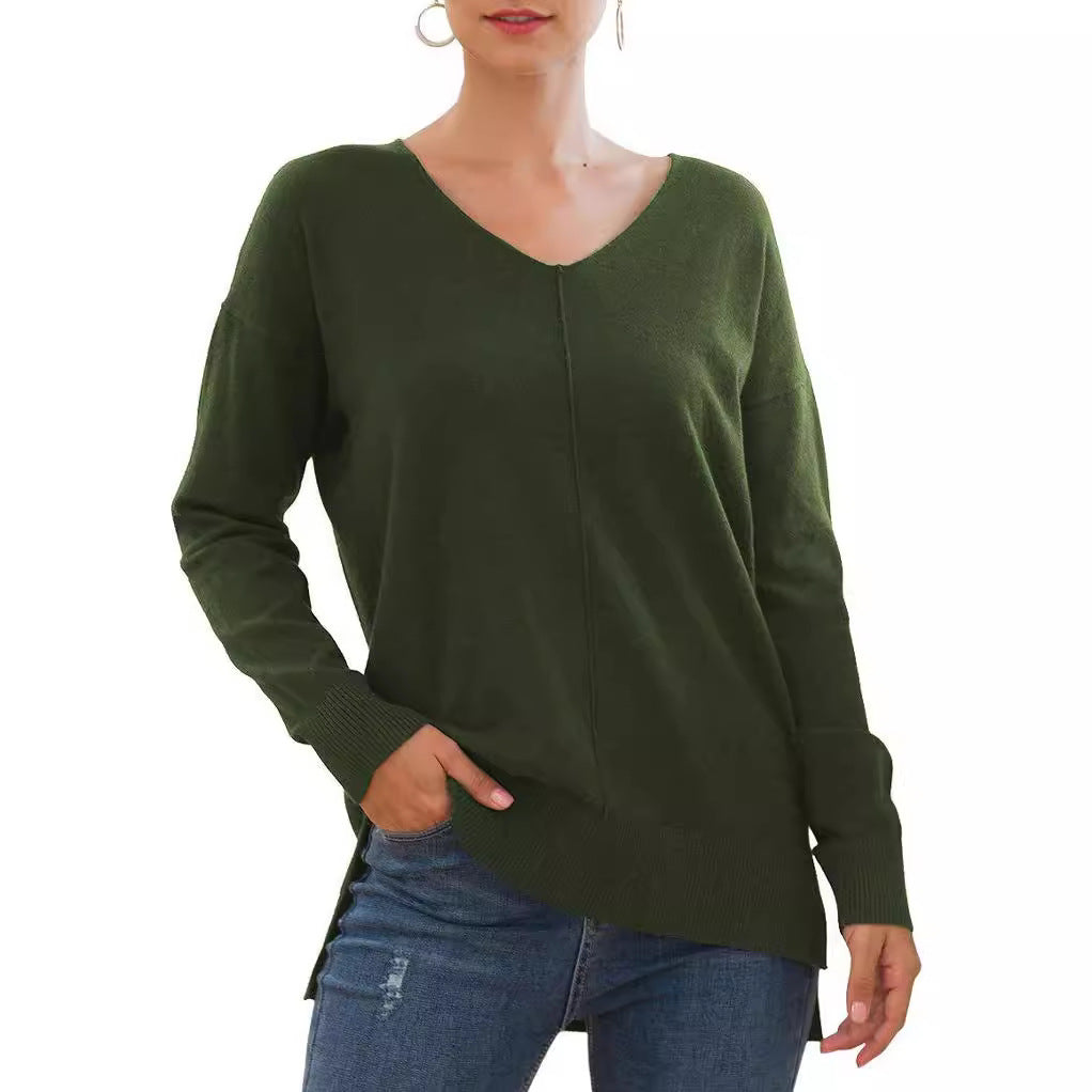 Elegant V-Neck Sweater with Asymmetrical Hem