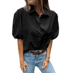 Women's Blouse with Puff Sleeves and Classic Collar