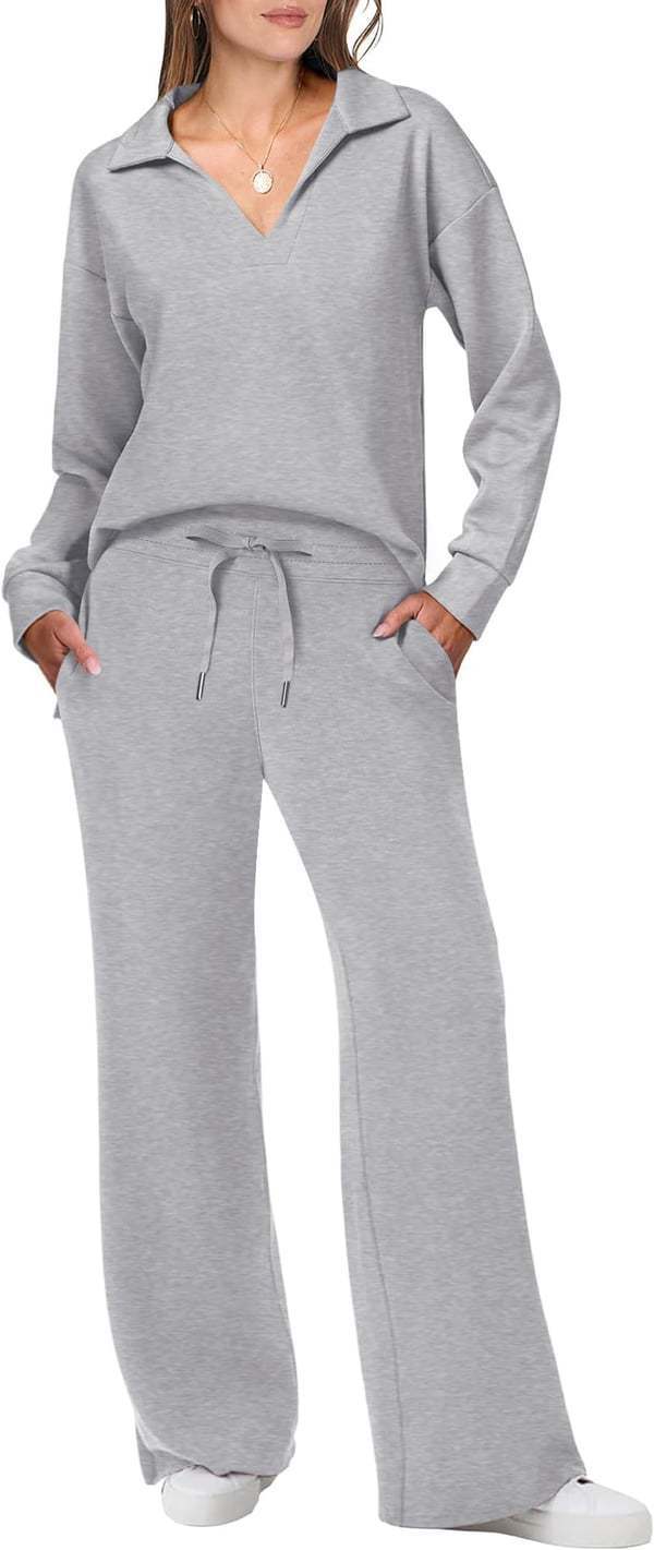 Women's Casual Lounge Set with Wide Cut and Cozy V-Neck