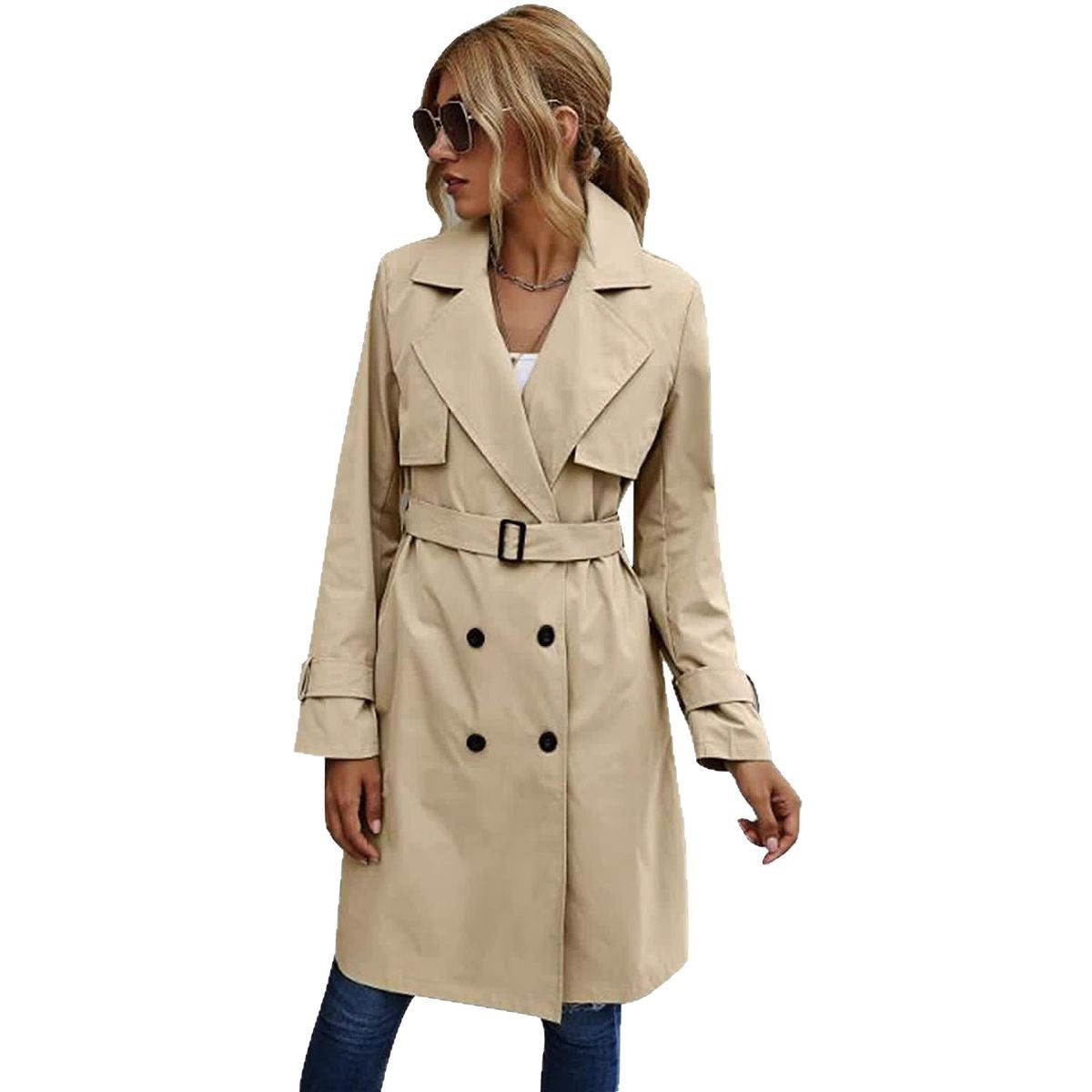 Women's Elegant Double-Breasted Trench Coat with Chic Collar