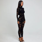 Women's Form-Fitting Mesh Jumpsuit with Long Sleeves and High Neck