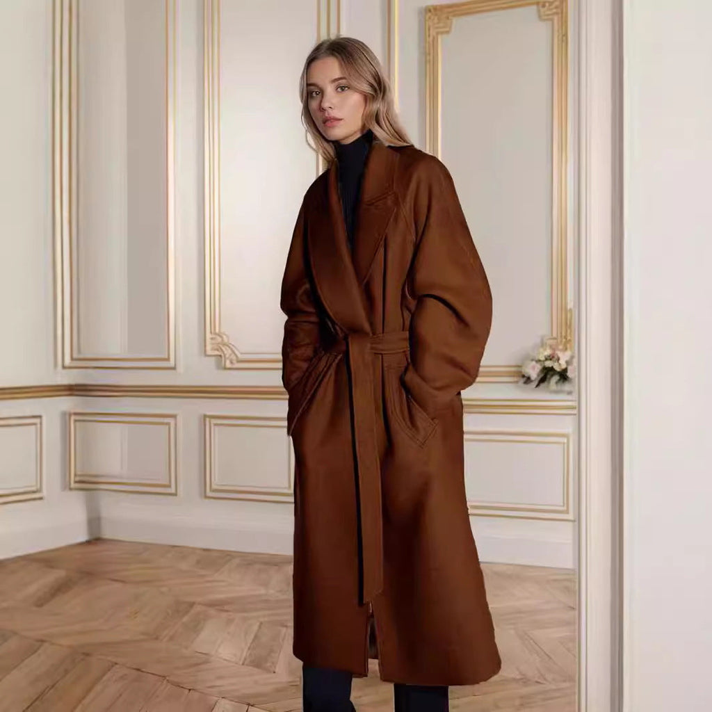 Women's Elegant Long Coat with Wide Lapel and Belt