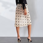 Women's Midi Skirt with Playful Polka Dot Pattern and Ruffle Details
