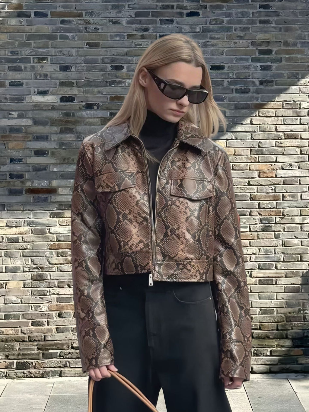 Women's Cropped Faux Leather Jacket with Snake Print