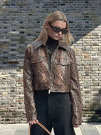 Women's Cropped Faux Leather Jacket with Snake Print