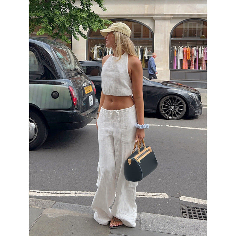 Women's Casual Crop Top and Wide-Leg Pants Set
