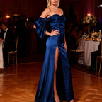 Women's Asymmetrical Evening Dress with Slit and Decorative Drape