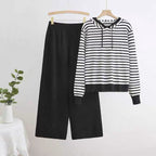 Women's Striped Casual Set with Hood and Wide Cut