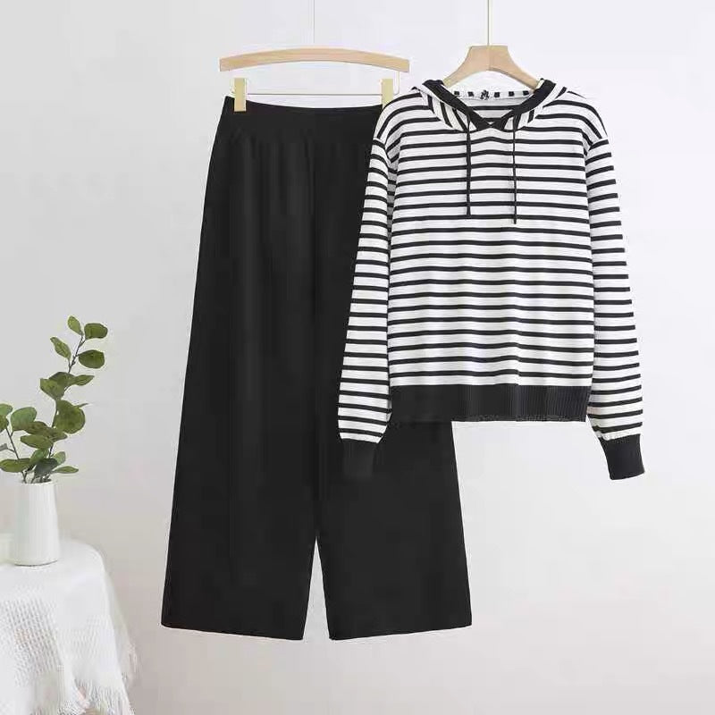 Women's Striped Casual Set with Hood and Wide Cut