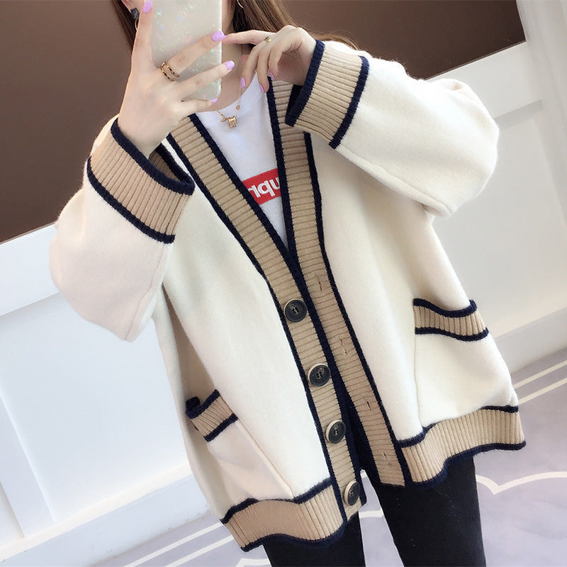 Women's Casual Knit Cardigan with Contrast Trim and Pockets